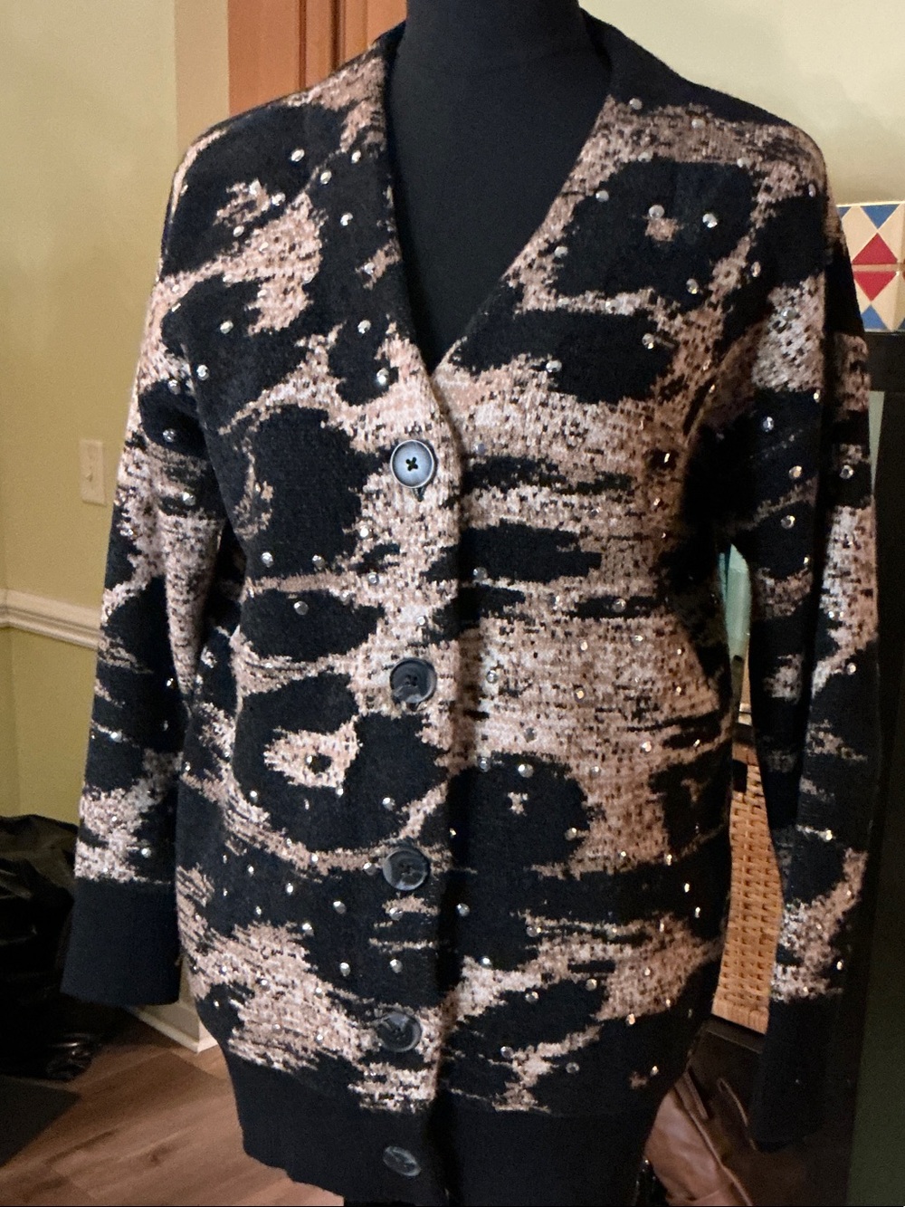Dkny Black and Beige Sequin-Embellished Button Cardigan